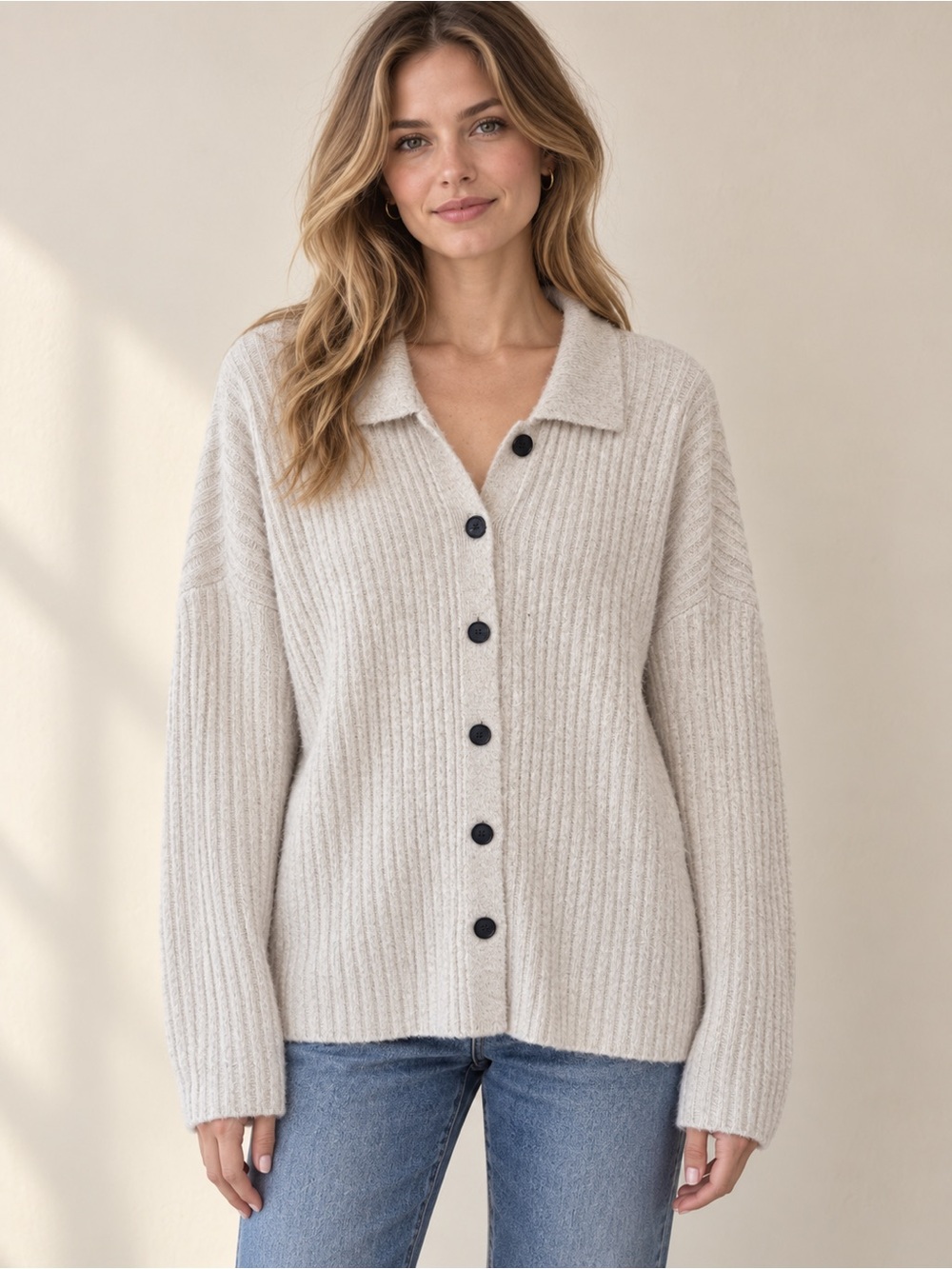 Treasure & Bond Oatmeal Ribbed Collared Cardigan Size Large
